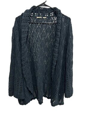 Crochet Open Front Black Knit Cardigan Sweater Womens Sz Medium